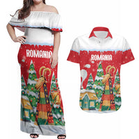 Romania Christmas Personalized Couples Matching Off Shoulder Maxi Dress and Hawaiian Shirt Romanian Folklore Capra Goat - Wonder Print Shop