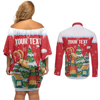 Romania Christmas Personalized Couples Matching Off Shoulder Short Dress and Long Sleeve Button Shirt Romanian Folklore Capra Goat - Wonder Print Shop