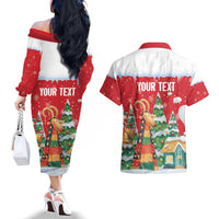 Romania Christmas Personalized Couples Matching Off The Shoulder Long Sleeve Dress and Hawaiian Shirt Romanian Folklore Capra Goat - Wonder Print Shop