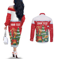 Romania Christmas Personalized Couples Matching Off The Shoulder Long Sleeve Dress and Long Sleeve Button Shirt Romanian Folklore Capra Goat - Wonder Print Shop