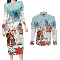 Romania Christmas Couples Matching Long Sleeve Bodycon Dress and Long Sleeve Button Shirt Romanian Folklore Traditional Christmas Mask - Wonder Print Shop