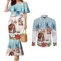 Romania Christmas Couples Matching Mermaid Dress and Long Sleeve Button Shirt Romanian Folklore Traditional Christmas Mask - Wonder Print Shop