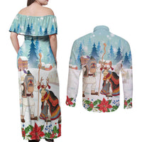 Romania Christmas Couples Matching Off Shoulder Maxi Dress and Long Sleeve Button Shirt Romanian Folklore Traditional Christmas Mask - Wonder Print Shop