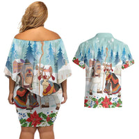 Romania Christmas Couples Matching Off Shoulder Short Dress and Hawaiian Shirt Romanian Folklore Traditional Christmas Mask - Wonder Print Shop
