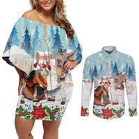 Romania Christmas Couples Matching Off Shoulder Short Dress and Long Sleeve Button Shirt Romanian Folklore Traditional Christmas Mask - Wonder Print Shop