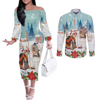 Romania Christmas Couples Matching Off The Shoulder Long Sleeve Dress and Long Sleeve Button Shirt Romanian Folklore Traditional Christmas Mask - Wonder Print Shop