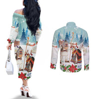 Romania Christmas Couples Matching Off The Shoulder Long Sleeve Dress and Long Sleeve Button Shirt Romanian Folklore Traditional Christmas Mask - Wonder Print Shop