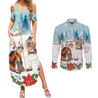 Romania Christmas Couples Matching Summer Maxi Dress and Long Sleeve Button Shirt Romanian Folklore Traditional Christmas Mask - Wonder Print Shop