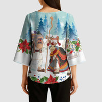 Romania Christmas Kimono Sleeve Blouse Romanian Folklore Traditional Christmas Mask - Wonder Print Shop