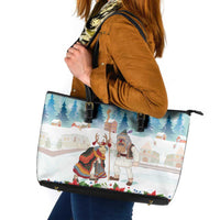 Romania Christmas Leather Tote Bag Romanian Folklore Traditional Christmas Mask - Wonder Print Shop