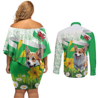 Wales Corgi Daffodil Couples Matching Off Shoulder Short Dress and Long Sleeve Button Shirt Playful Welsh Dog - Wonder Print Shop