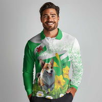 Wales Corgi Daffodil Long Sleeve Polo Shirt Playful Welsh Dog - Wonder Print Shop