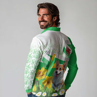 Wales Corgi Daffodil Long Sleeve Polo Shirt Playful Welsh Dog - Wonder Print Shop