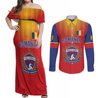 Custom Romania Volleyball Couples Matching Off Shoulder Maxi Dress and Long Sleeve Button Shirt Sporty Style