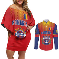 Custom Romania Volleyball Couples Matching Off Shoulder Short Dress and Long Sleeve Button Shirt Sporty Style