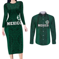 Custom Mexico Football Couples Matching Long Sleeve Bodycon Dress and Long Sleeve Button Shirt El Tricolor Go Champions Aztec Pattern