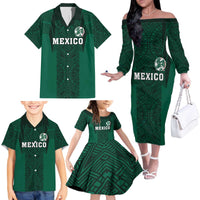 Custom Mexico Football Family Matching Off The Shoulder Long Sleeve Dress and Hawaiian Shirt El Tricolor Go Champions Aztec Pattern