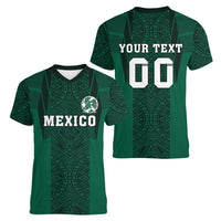 Custom Mexico Football Women V-Neck T-Shirt El Tricolor Go Champions Aztec Pattern
