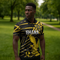 Custom Ghana Football Zipper Polo Shirt Golden Black Star Eagle Heritage