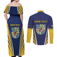 Personalized Swedish Empire 1611-1721 Couples Matching Off Shoulder Maxi Dress and Long Sleeve Button Shirt Flag Color Inspiration - Wonder Print Shop
