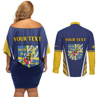 Personalized Swedish Empire 1611-1721 Couples Matching Off Shoulder Short Dress and Long Sleeve Button Shirt Flag Color Inspiration - Wonder Print Shop