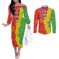 Eritrea Enkutatash Dashiki Couples Matching Off The Shoulder Long Sleeve Dress and Long Sleeve Button Shirt With Folk Pattern