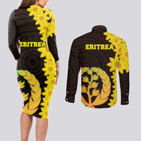 Enkutatash Eritrea New Year Couples Matching Long Sleeve Bodycon Dress and Long Sleeve Button Shirt With Coat Of Arms - Wonder Print Shop