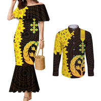 Enkutatash Eritrea New Year Couples Matching Mermaid Dress and Long Sleeve Button Shirt With Coat Of Arms