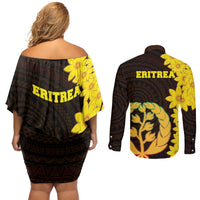 Enkutatash Eritrea New Year Couples Matching Off Shoulder Short Dress and Long Sleeve Button Shirt With Coat Of Arms - Wonder Print Shop