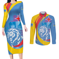 Aruba Lion Roaring Couples Matching Long Sleeve Bodycon Dress and Long Sleeve Button Shirt With Coat Of Arms - Wonder Print Shop