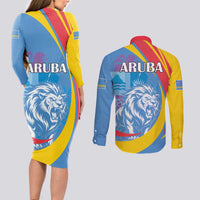 Aruba Lion Roaring Couples Matching Long Sleeve Bodycon Dress and Long Sleeve Button Shirt With Coat Of Arms - Wonder Print Shop