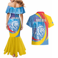 Aruba Lion Roaring Couples Matching Mermaid Dress and Hawaiian Shirt With Coat Of Arms - Wonder Print Shop
