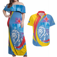 Aruba Lion Roaring Couples Matching Off Shoulder Maxi Dress and Hawaiian Shirt With Coat Of Arms - Wonder Print Shop