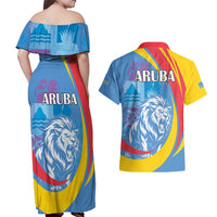 Aruba Lion Roaring Couples Matching Off Shoulder Maxi Dress and Hawaiian Shirt With Coat Of Arms - Wonder Print Shop