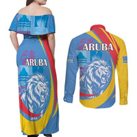 Aruba Lion Roaring Couples Matching Off Shoulder Maxi Dress and Long Sleeve Button Shirt With Coat Of Arms - Wonder Print Shop