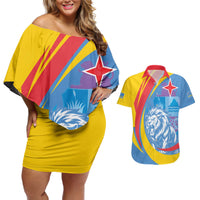 Aruba Lion Roaring Couples Matching Off Shoulder Short Dress and Hawaiian Shirt With Coat Of Arms - Wonder Print Shop