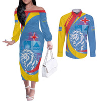Aruba Lion Roaring Couples Matching Off The Shoulder Long Sleeve Dress and Long Sleeve Button Shirt With Coat Of Arms