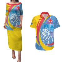 Aruba Lion Roaring Couples Matching Puletasi and Hawaiian Shirt With Coat Of Arms - Wonder Print Shop