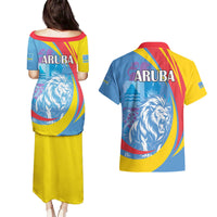 Aruba Lion Roaring Couples Matching Puletasi and Hawaiian Shirt With Coat Of Arms - Wonder Print Shop
