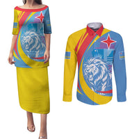 Aruba Lion Roaring Couples Matching Puletasi and Long Sleeve Button Shirt With Coat Of Arms - Wonder Print Shop
