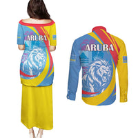 Aruba Lion Roaring Couples Matching Puletasi and Long Sleeve Button Shirt With Coat Of Arms - Wonder Print Shop