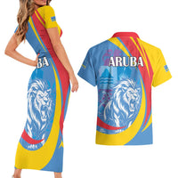 Aruba Lion Roaring Couples Matching Short Sleeve Bodycon Dress and Hawaiian Shirt With Coat Of Arms - Wonder Print Shop