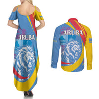 Aruba Lion Roaring Couples Matching Summer Maxi Dress and Long Sleeve Button Shirt With Coat Of Arms - Wonder Print Shop