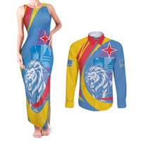 Aruba Lion Roaring Couples Matching Tank Maxi Dress and Long Sleeve Button Shirt With Coat Of Arms - Wonder Print Shop