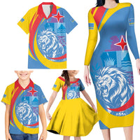 Aruba Lion Roaring Family Matching Long Sleeve Bodycon Dress and Hawaiian Shirt With Coat Of Arms - Wonder Print Shop