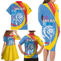 Aruba Lion Roaring Family Matching Long Sleeve Bodycon Dress and Hawaiian Shirt With Coat Of Arms - Wonder Print Shop