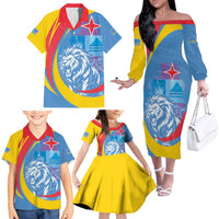 Aruba Lion Roaring Family Matching Off The Shoulder Long Sleeve Dress and Hawaiian Shirt With Coat Of Arms - Wonder Print Shop