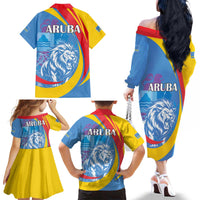 Aruba Lion Roaring Family Matching Off The Shoulder Long Sleeve Dress and Hawaiian Shirt With Coat Of Arms - Wonder Print Shop