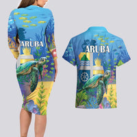 Aruba Sea Turtle Couples Matching Long Sleeve Bodycon Dress and Hawaiian Shirt Underwater Landscape - Wonder Print Shop