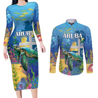 Aruba Sea Turtle Couples Matching Long Sleeve Bodycon Dress and Long Sleeve Button Shirt Underwater Landscape - Wonder Print Shop